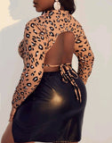 PLUS SIZE LEOPARD PRINT BACKLESS KNOT CROP TEE