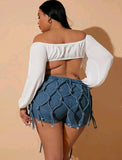 PLUS SIZE HIGH WAIST KNOT STRAP DENIM SHORTS