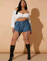 PLUS SIZE HIGH WAIST KNOT STRAP DENIM SHORTS