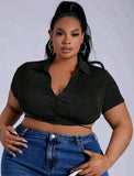 PLUS SIZE BUTTON UP TIE BACK CROP TEE