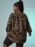 PLUS SIZE ZEBRA STRIPE PATCHED POCKET DROP SHOULDER COAT