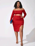 PLUS SIZE OFF THE SHOULDER RHINESTONE LETTER CROP TOP & SLIT SKIRT