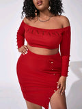 PLUS SIZE OFF THE SHOULDER RHINESTONE LETTER CROP TOP & SLIT SKIRT