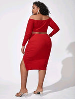 PLUS SIZE OFF THE SHOULDER RHINESTONE LETTER CROP TOP & SLIT SKIRT