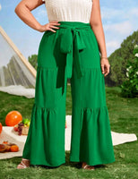 PLUS SIZE RUFFLE HEM BELTED WIDE LEG PANTS