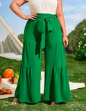 PLUS SIZE RUFFLE HEM BELTED WIDE LEG PANTS