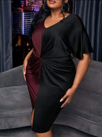 PLUS SIZE TWO TONE TWIST SLIT FRONT DOLMAN SLEEVE DRESS