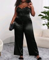 PLUS SIZE RUCHED BUST LACE UP SATIN JUMPSUIT