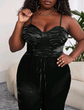 PLUS SIZE RUCHED BUST LACE UP SATIN JUMPSUIT