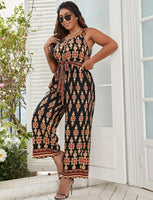 PLUS SIZE FLORAL PRINT TIE SHOULDER BELTED CAMI JUMPSUIT