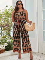 PLUS SIZE FLORAL PRINT TIE SHOULDER BELTED CAMI JUMPSUIT