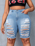 PLUS SIZE RIPPED SLANT POCKETS DENIM SHORTS