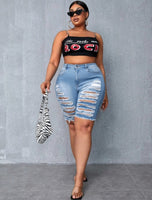 PLUS SIZE RIPPED SLANT POCKETS DENIM SHORTS