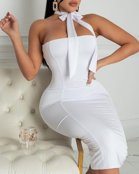 TIE NECK WHITE BACKLESS BODYCON DRESS